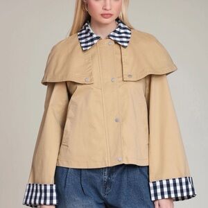 Avec Les Filles Beige Cape-Back Trench Jacket with Gingham Trim